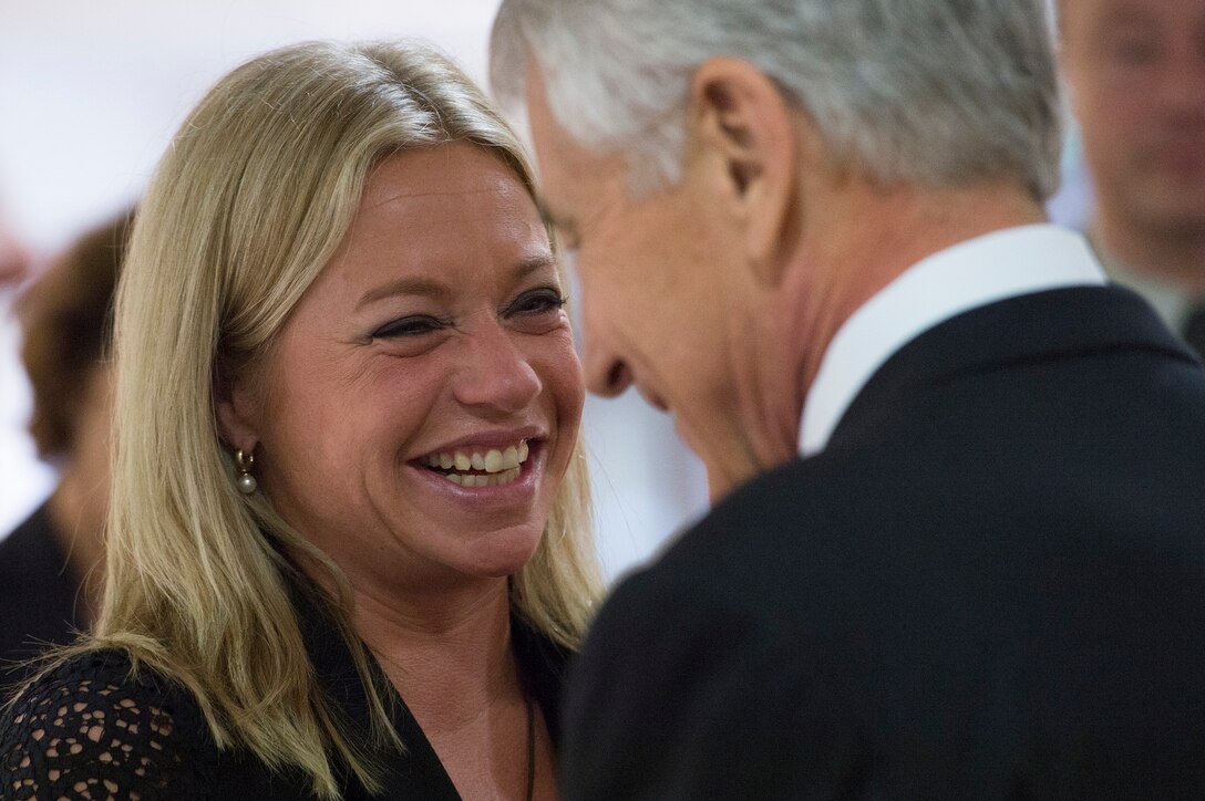 U.S. Defense Secretary Chuck Hagel, right, meets with Dutch Defense Minister Jeanine Hennis-Plasschaert at NATO headquarters in Brussels, Oct. 22, 2013.