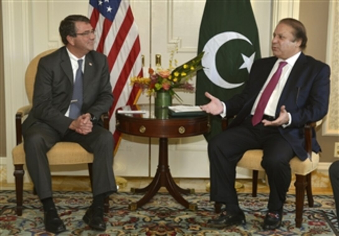 Deputy Secretary of Defense Ashton B. Carter, left, meets with Pakistan’s Prime Minister Mohammad Nawaz Sharif in Washington, D.C., on Oct. 21, 2013.  Carter and Sharif met to discuss refreshed defense relations between the U.S. and Pakistan.  