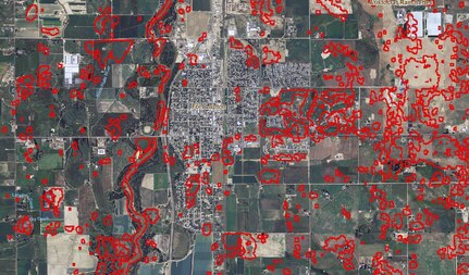 The red polygons on this image of the Fort Lupton, Colo., area indicate flood areas.