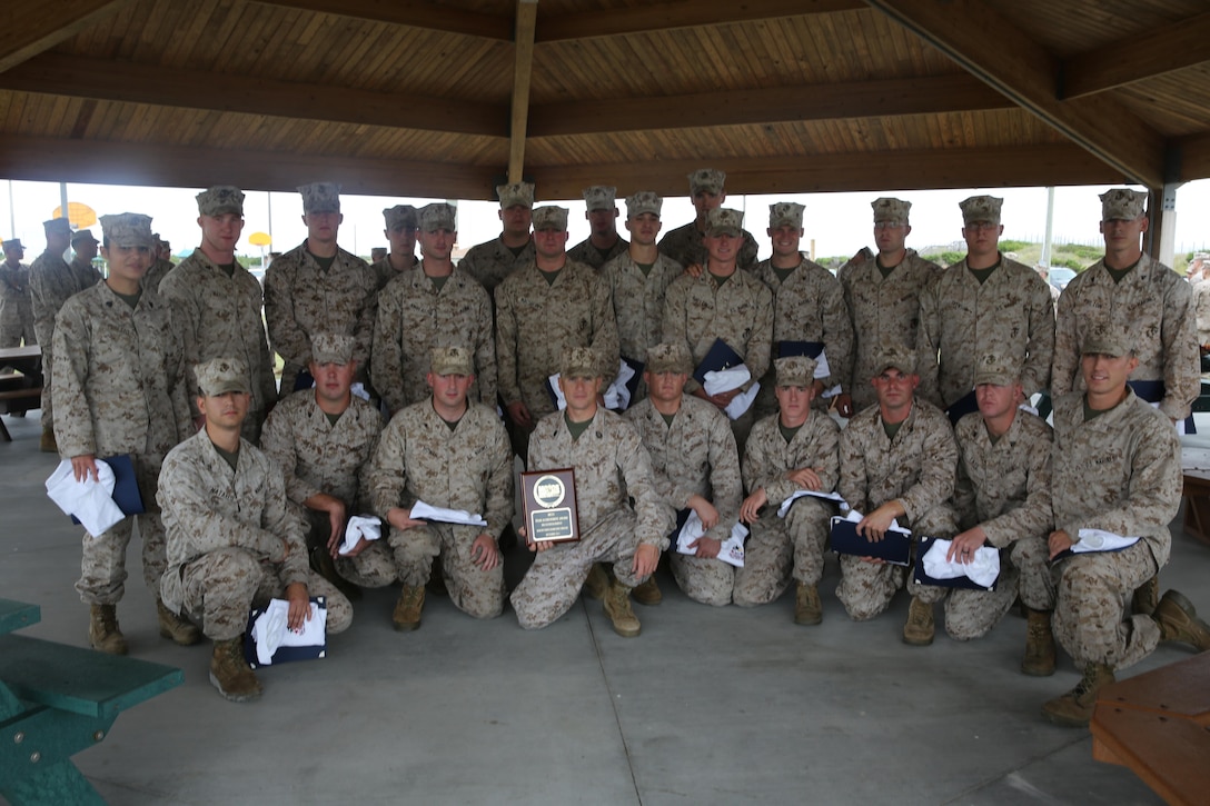 Marines with beach detachment, Company A, Headquarters and Support Battalion, pose for a photo after receiving certificates of appreciation from Marine Corps Community Services at Onslow Beach aboard Marine Corps Base Camp Lejeune, Oct. 16. The Marines were recognized for keeping the beach clean and safe during the summer.
