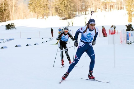 Pfc. Wynn Roberts skis in the biathlon competition during the second CISM World Winter Games at the end of March in Annecy, France. About 70 nations competed in the Conseil Internationale Sports Militaire.