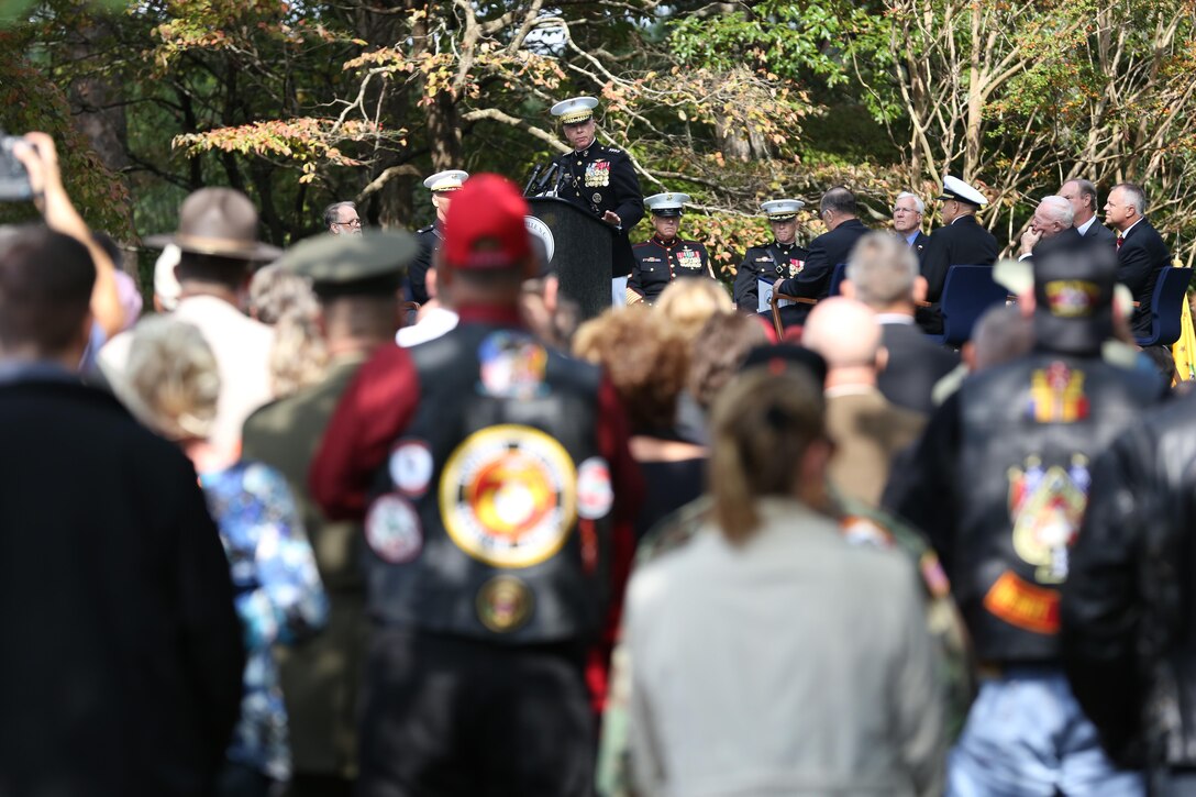 Gen. James F. Amos, Commandant of the Marine Corps, speaks during the Beirut Memorial Observance Ceremony at the Lejeune Memorial Gardens in Jacksonville, N.C., Oct. 23. Amos laid the first of three wreathes during the ceremony at the memorial wall.
