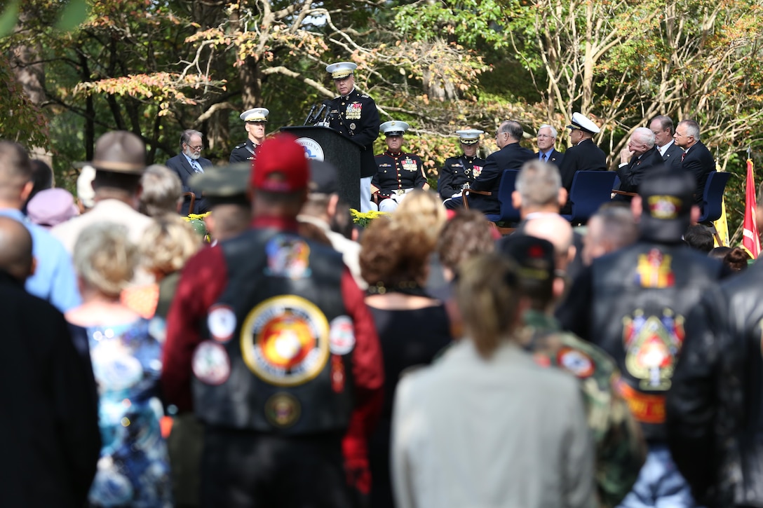 Gen. James F. Amos, Commandant of the Marine Corps, speaks during the Beirut Memorial Observance Ceremony at the Lejeune Memorial
Gardens in Jacksonville, N.C., Oct. 23. Amos laid the first of three wreathes during the ceremony at the memorial wall.
