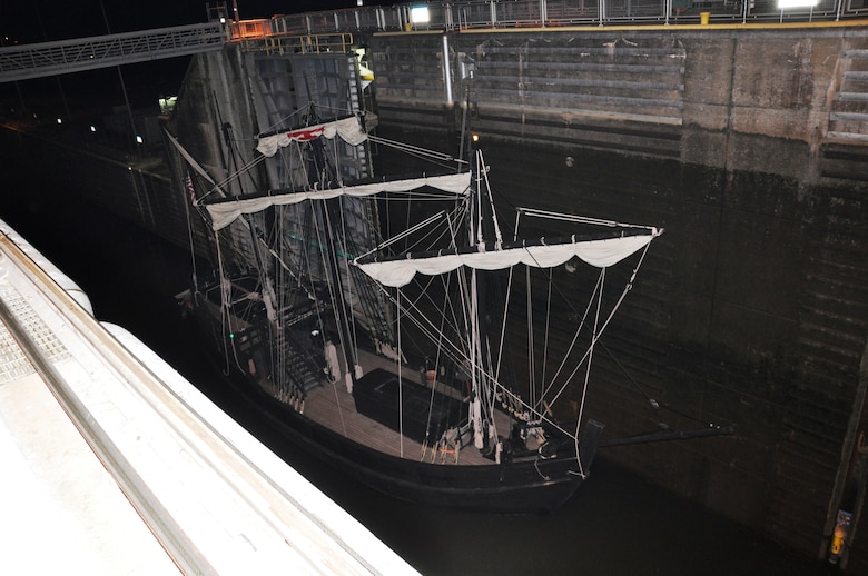 The Pinta, a larger version of the archetypal caravel that Columbus used on his voyages to the new world and offers walk-aboard tours, enters Chickamauga Lock Oct. 20, 2013 after a 10-day visit to Chattanooga, Tenn. The Pinta and her sister ship, Nina, are navigating up the Tennessee River via the U.S. Army Corps of Engineers Nashville District’s navigation locks with visits to Lenoir City and Knoxville before heading downstream for stops in Alabama and Mississippi. For additional information on these floating museums, go to http://thenina.com/. 