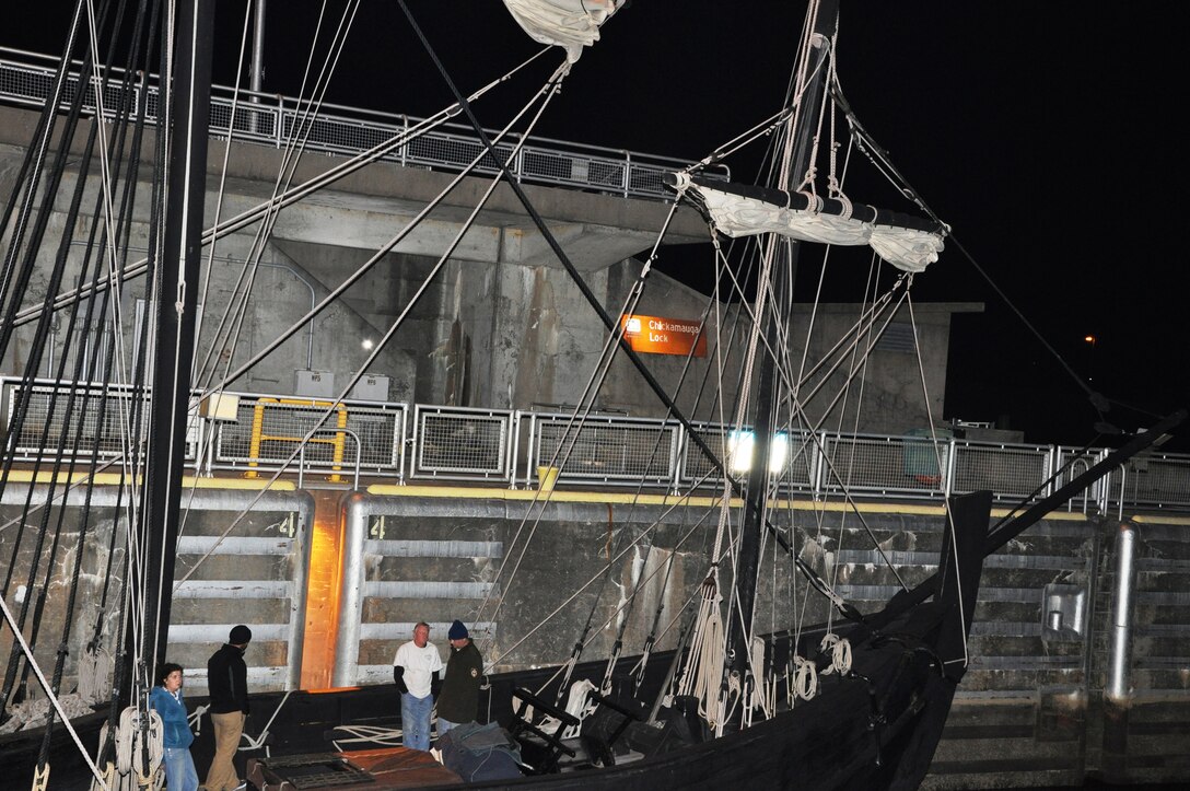 The Nina, a replica of the ship on which Columbus sailed across the Atlantic on his three voyages of discovery to the new world beginning in 1492, transits Chickamauga Lock Oct. 20, 2013 after a 10-day visit to Chattanooga, Tenn. The Nina and her sister ship, Pinta, are navigating up the Tennessee River via the U.S. Army Corps of Engineers Nashville District’s navigation locks with visits to Lenoir City and Knoxville before heading downstream for stops in Alabama and Mississippi. For additional information on these floating museums, go to http://thenina.com/.