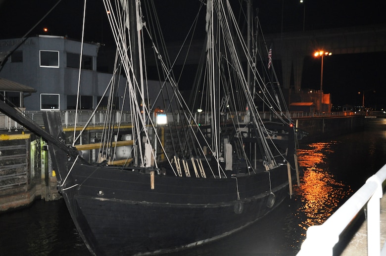 This is a port side view of the Pinta, a larger version of the archetypal caravel that Columbus used on his voyages to the new world and offers walk-aboard tours, as it transits Chickamauga Lock Oct. 20, 2013 after a 10-day visit to Chattanooga, Tenn. The Pinta and her sister ship, Nina, are navigating up the Tennessee River via the U.S. Army Corps of Engineers Nashville District’s navigation locks with visits to Lenoir City and Knoxville before heading downstream for stops in Alabama and Mississippi. For additional information on these floating museums, go to http://thenina.com/.