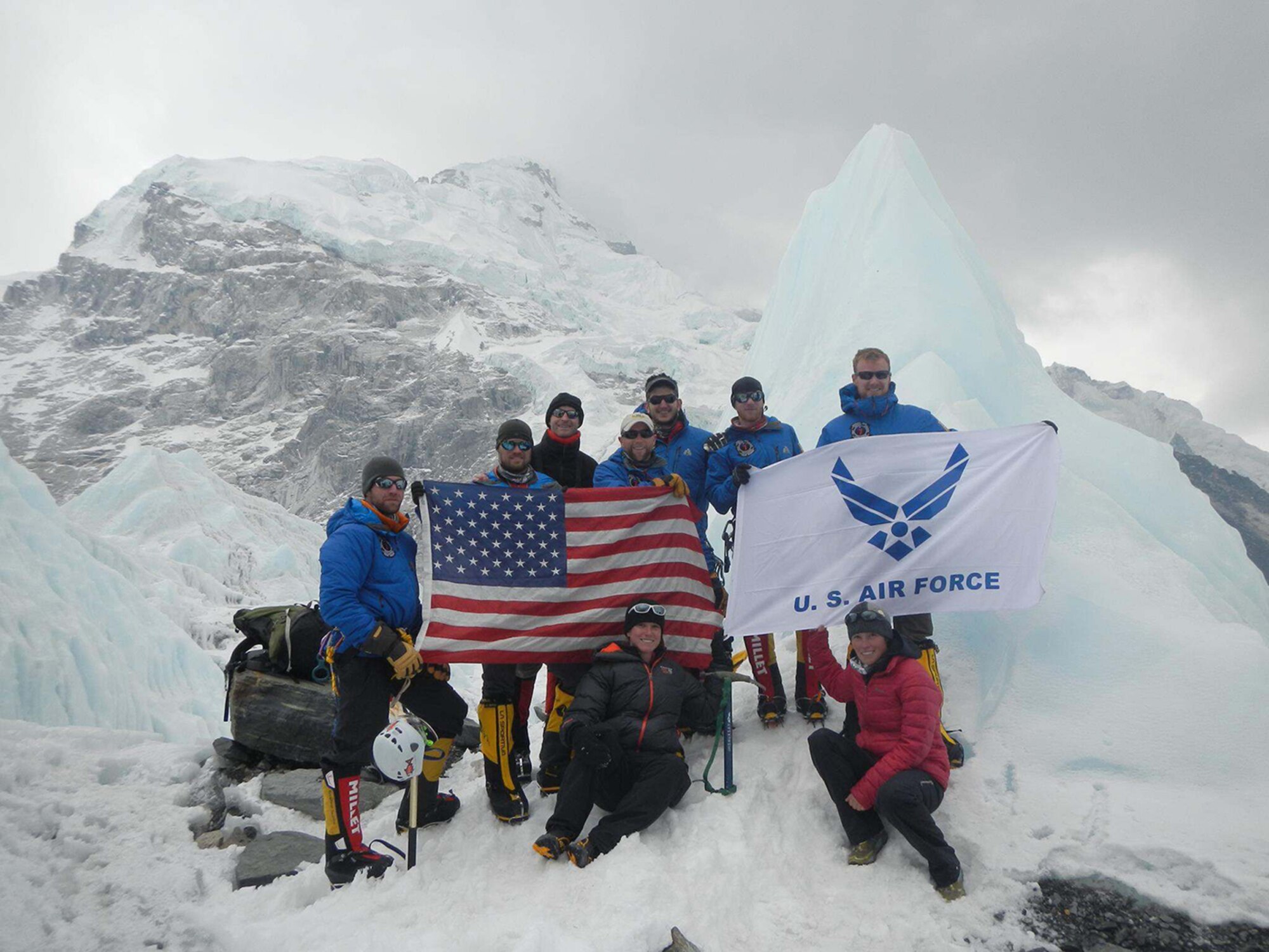 After practicing ice climbing techniques, members of the USAF 7 Summits Challenge team pose on the Khumbu Glacier at Everest Base Camp, Nepal (17,500ft). April 2013. (Courtesy photo)

From L-R: Capt Marshall Klitzke, SSgt Nick Gibson, Maj Malcolm Schongalla, Capt Megan Harkins, Maj Rob Marshall, Capt Kyle Martin, Capt Colin Merrin, Capt Heidi Kent, Capt Andrew Ackles.