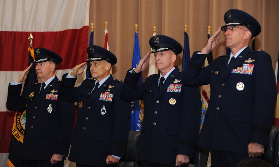 Gen. C. Robert Kehler, commander of U.S. Strategic Command; Lt. Gen. Jim Kowalski, commander of Air Force Global Strike Command; Maj. Gen. Stephen Wilson, outgoing Eighth Air Force commander, Joint Functional Component Commander for Global Strike, and Task Force 204 commander; and Brig. Gen. Scott Vander Hamm, render a salute during a promotion and change of command ceremony at Barksdale Air Force Base, La., Oct. 23, 2013. During the ceremony Vander Hamm was promoted to the rank of major general and took command from Wilson. (U.S. Air Force photo/Senior Airman Joseph A. Pag?n Jr.)