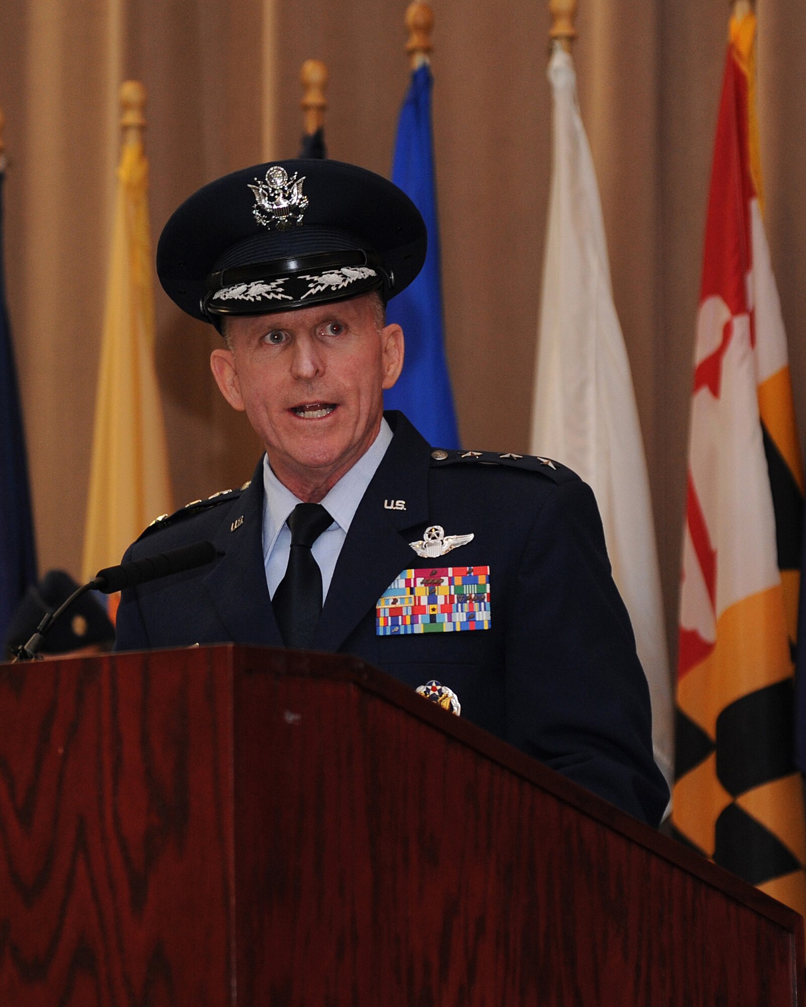 Lt. Gen. Stephen Wilson addresses the audience after taking command of Air Force Global Strike Command during a ceremony at Barksdale Air Force Base, La., Oct. 23, 2013.  During his speech, Wilson reminded the command’s Airmen that they have special trust and responsibility to ensure the nation’s nuclear arsenal remains safe, secure and effective. (U.S. Air Force photo/Airman 1st Class Jannelle Dickey)