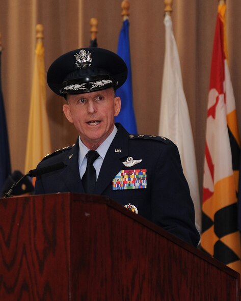 Lt. Gen. Stephen Wilson addresses the audience after taking command of Air Force Global Strike Command during a ceremony at Barksdale Air Force Base, La., Oct. 23, 2013.  During his speech, Wilson reminded the command’s Airmen that they have special trust and responsibility to ensure the nation’s nuclear arsenal remains safe, secure and effective. (U.S. Air Force photo/Airman 1st Class Jannelle Dickey)