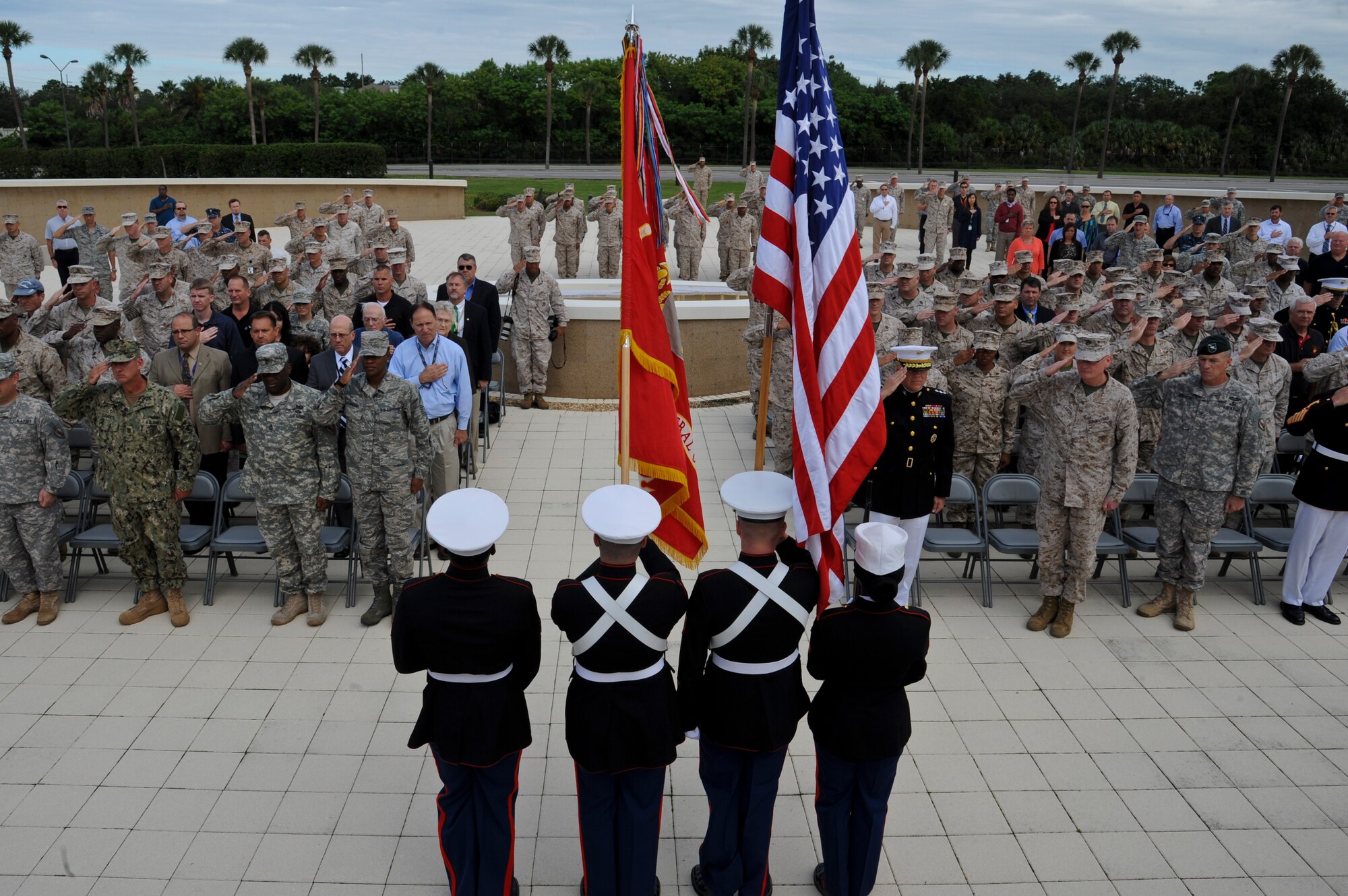 A Marine honor guard detail posts the colors at the Beirut memorial observance at MacDill Air Force Base, Fla., Oct. 23, 2013. The ceremony honored the more than 240 servicemembers killed in the 1983 Beirut barracks bombing. (U.S. Air Force photo by Airman 1st Class Ned T. Johnston/Released)