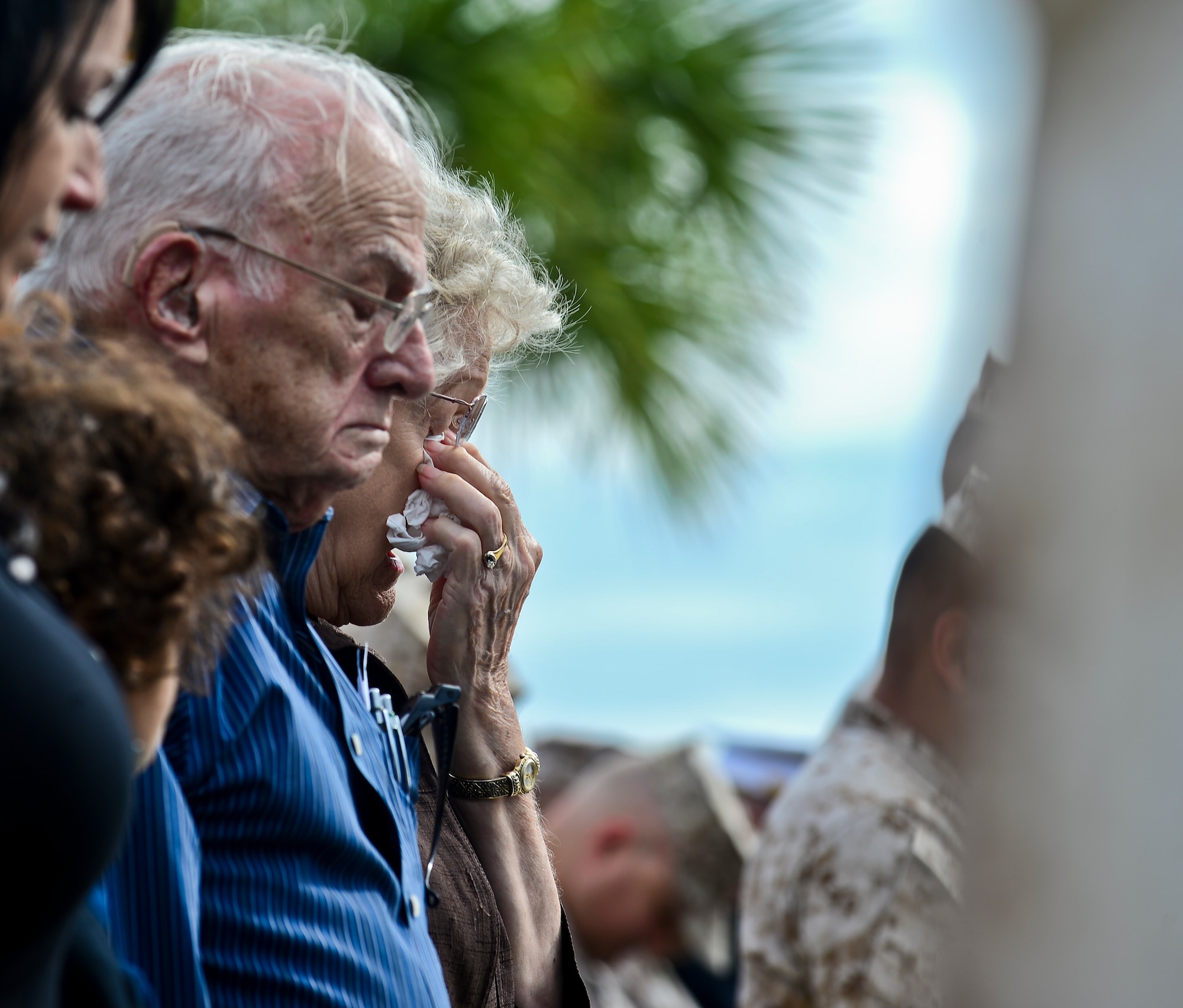 Nelson Weyl and Peggy Weyl, the parents of Staff Sgt. John R. Weyl, a Marine killed in the 1983 Beirut barracks bombing, stand during an invocation at the Beirut memorial observance at MacDill Air Force Base, Fla., Oct. 23, 2013. (U.S. Air Force photo by Staff Sgt. Brandon Shapiro/Released)