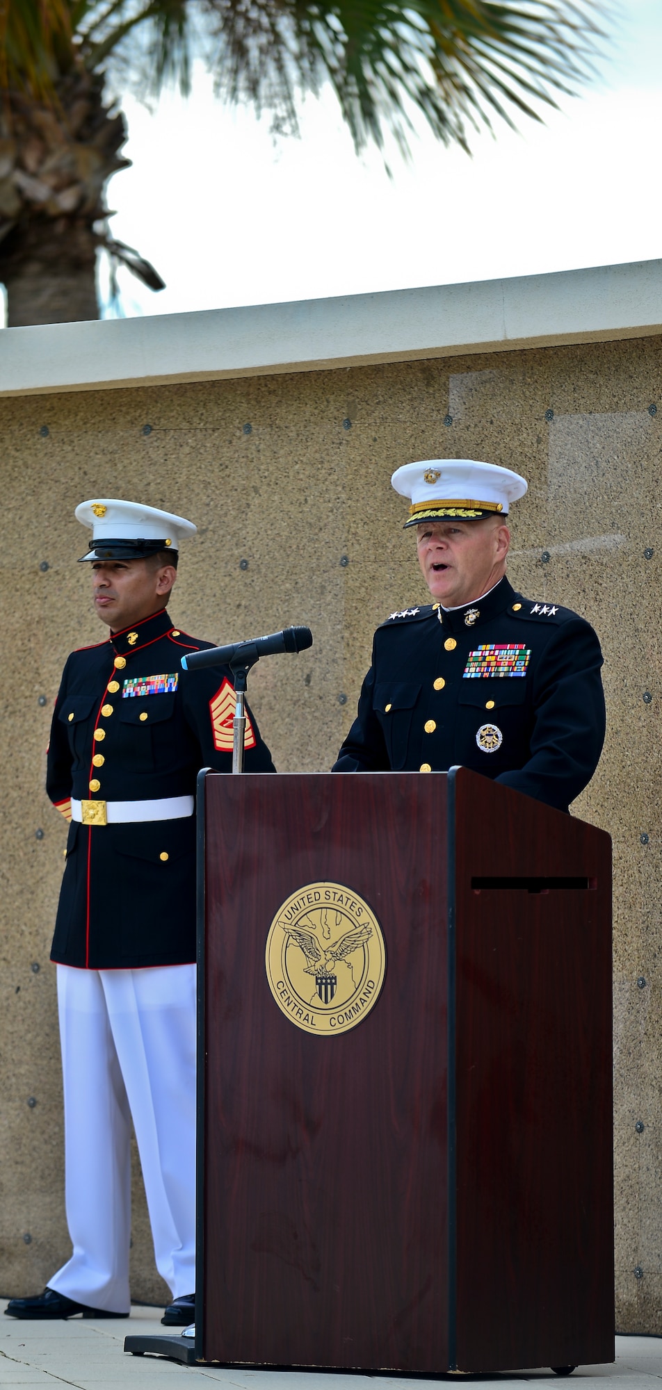Lt. Gen. Robert B. Neller, Marine Corps Forces Central Command commander, speaks at the Beirut memorial observance at MacDill Air Force Base, Fla., Oct. 23, 2013. Neller spoke on the importance of remembering the ultimate sacrifice made that day by so many men and women. (U.S. Air Force photo by Staff Sgt. Brandon Shapiro/Released)