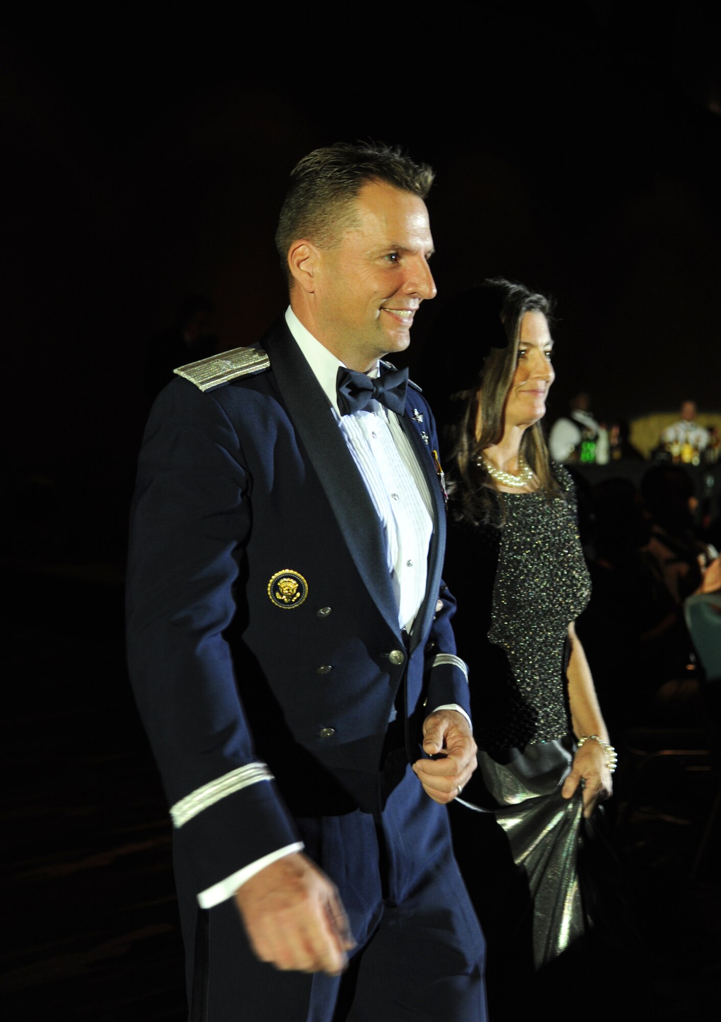 U.S. Air Force Brig. Gen. Patrick Higby, 81st Training Wing commander, and his wife are introduced during the 35th Annual Salute to the Military Oct. 22, 2013, at the Mississippi Coast Coliseum in Biloxi, Miss.   (U.S. Air Force photo by Kemberly Groue)