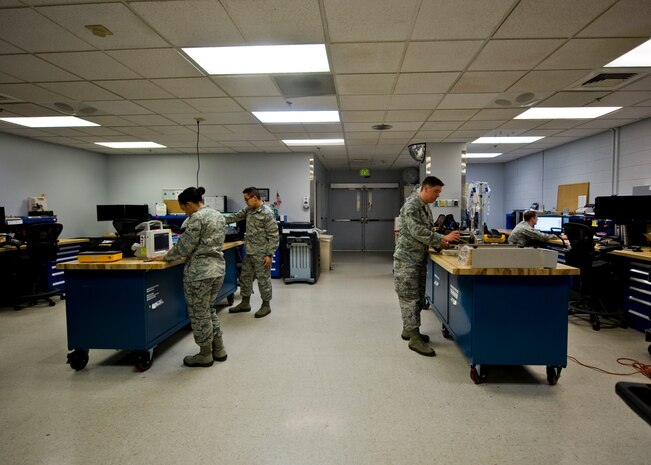 Biomedical equipment Airmen from the 99th Medical Support Squadron Bioenvironmental Equipment Flight perform evaluations on medical devices at the Mike O’Callaghan Federal medical Center Oct. 17, 2013 at Nellis Air Force Base, Nev. Other career tasks include implementing organizational maintenance support for all medical devices used within a medical treatment facility, medical research laboratories, air transportable hospitals and clinics and contingency hospitals. Airmen may also provide technical guidance and intermediate maintenance support on medical equipment systems when assigned to a regional Medical Equipment Repair Center. There are 17 active-duty Airmen and two civilian contractors assigned to the 99th MDSS Biomedical Equipment Flight. (U.S. Air Force photo by Airman 1st Class Jason Couillard)