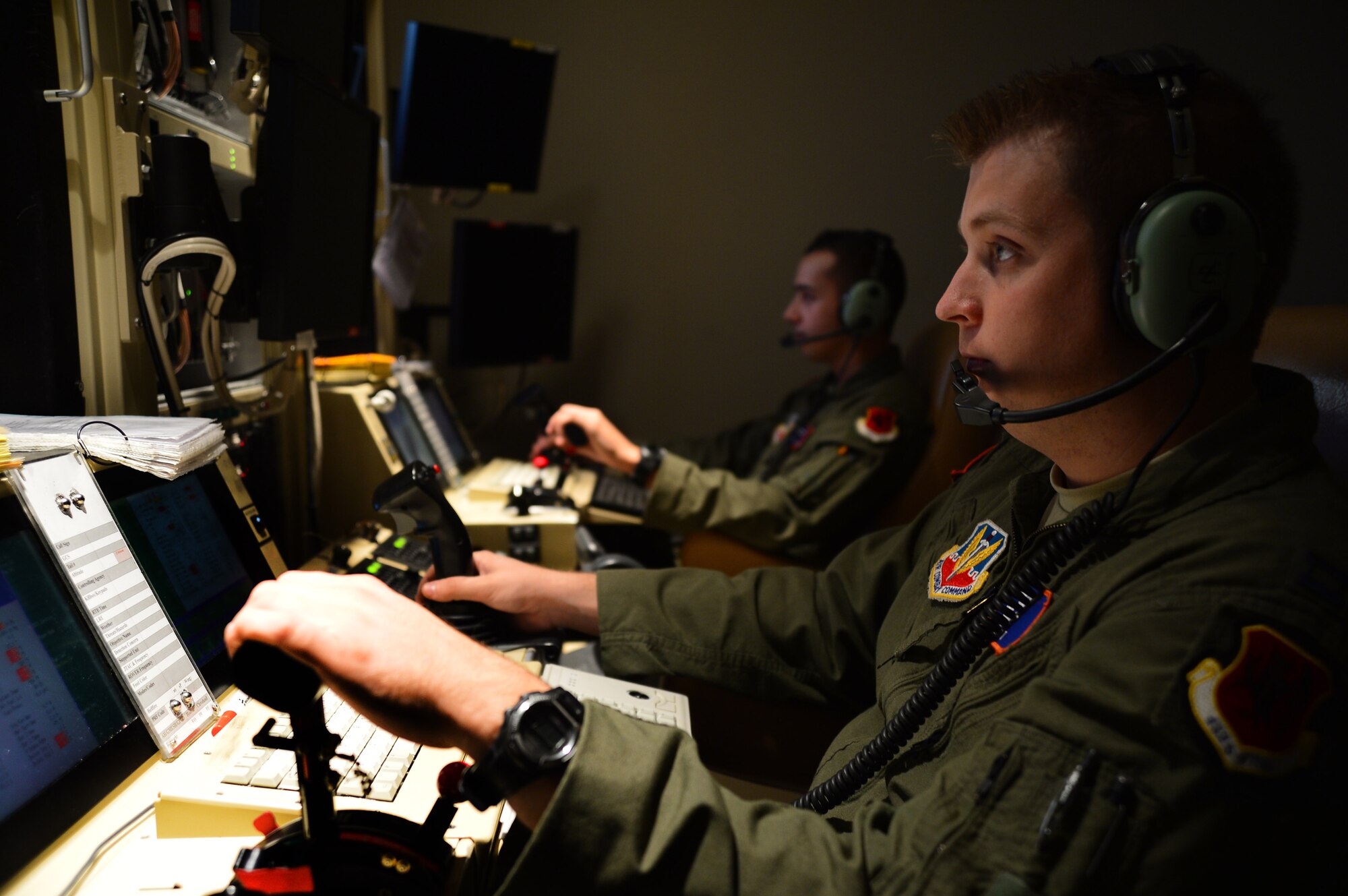 Capt. Ben (front), 432nd Wing/432nd Air Expeditionary Wing Remotely Piloted Aircraft pilot, and Senior Airman Travis, 432nd Wing/432nd AEW RPA sensor operator, fly an MQ-1 Predator during the wing’s 2 million flying hour milestone Oct. 22, 2013.  The wing flew its first 1 million hours in April 2011. The wing’s 2 million hour mark was achieved 32 months later, culminating in more than 215,000 total missions completed and nearly 94 percent of all missions flown in support of major combat operations due in large part to total force integration efforts and an expansion of combat air patrols. (U.S. Air Force photo by Staff Sgt. N.B./released)