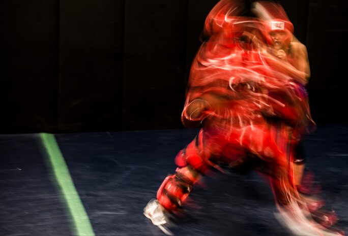 Airman 1st Class Marisa Placie, 628th Security Forces Squadron patrolman, faces off with a Redman using self-defense techniques to respond to the "aggressor," Oct. 10, 2013, at Joint Base Charleston, S.C. Placie and two other security forces members went through a three-week course at the JB Charleston Phoenix Raven facility to prepare them for the Phoenix Raven training course at the United States Air Force Expeditionary Center at Joint Base McGuire-Dix-Lakehurst, N.J. (U.S. Air Force photo/ Senior Airman Dennis Sloan)