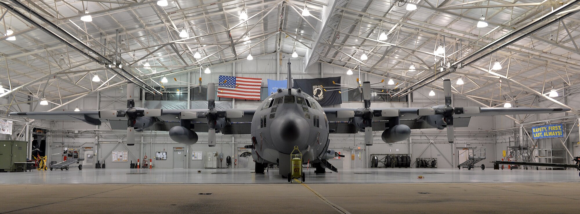 An AC-130U Spooky sits in the Commando Hangar for maintenance on Hurlburt Field, Fla., Oct. 23, 2013. The gunship's primary missions are close air support, air interdiction and force protection. (U.S. Air Force Photo/Airman 1st Class Jeff Parkinson)
