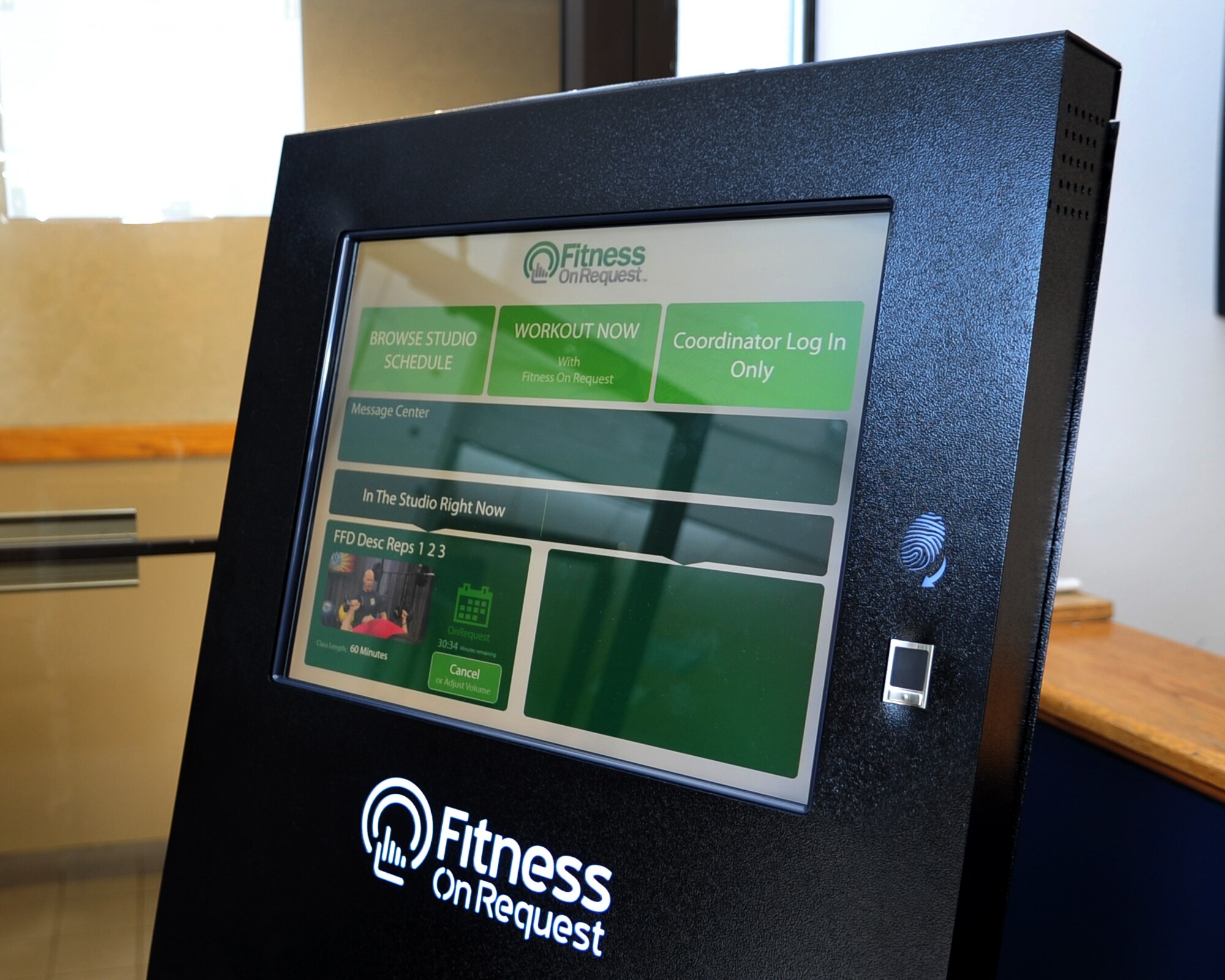 The Air Combat Command and Shellbank Fitness Centers on Langley Air Force Base, Va., recently introduced a fitness kiosk, “Elements,” designed to eliminate the need for a fitness instructor to be physically present during classes. The program, made to accommodate a variety of groups, offers over 50 unique classes based on nine popular formats ranging from cardio, martial arts and resistance training. (U.S. Air Force by Airman Areca T. Wilson/Released)
