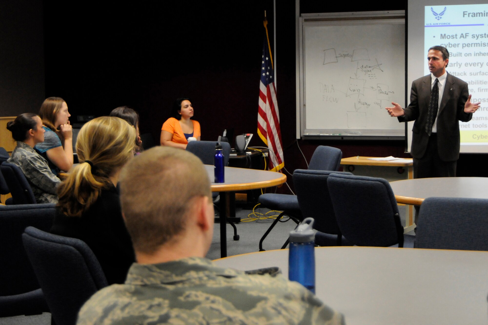 Kevin Stamey, Engineering and Technical Management director, addresses cyber
trends with members of the Junior Force Council at Hanscom Air Force Base,
Mass., Oct. 18. The open forum allowed for discussion on a wide range of
topics, including national security implications, advance cyber and
persistent threats, malware trends and cyber vulnerabilities. With nearly
every Department of Defense component operating on a network environment,
Stamey emphasized the importance of awareness and being vigilant about
security. (U.S. Air Force photo by Linda LaBonte Britt/Released)

