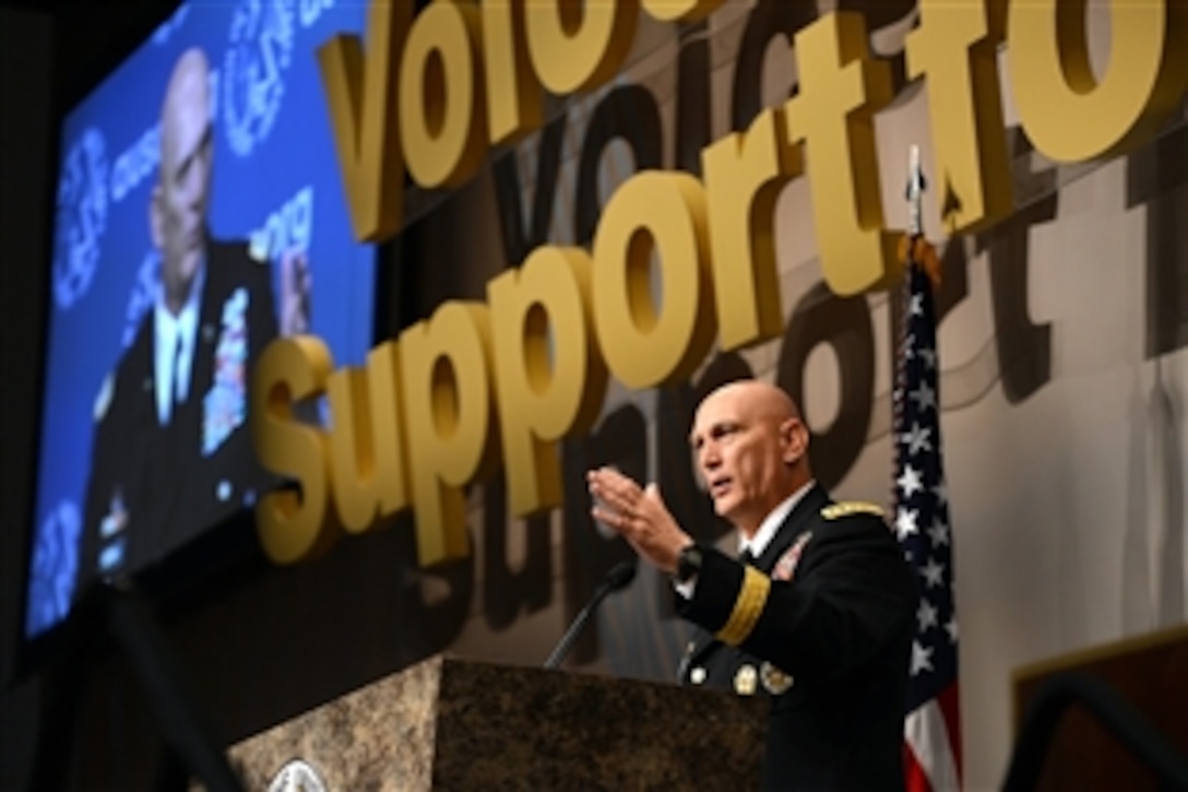 Army Chief of Staff Gen. Ray Odierno delivers a keynote speech during the Association of the U.S.  Army's annual meeting and exposition in Washington, D.C., Oct. 22, 2013.  