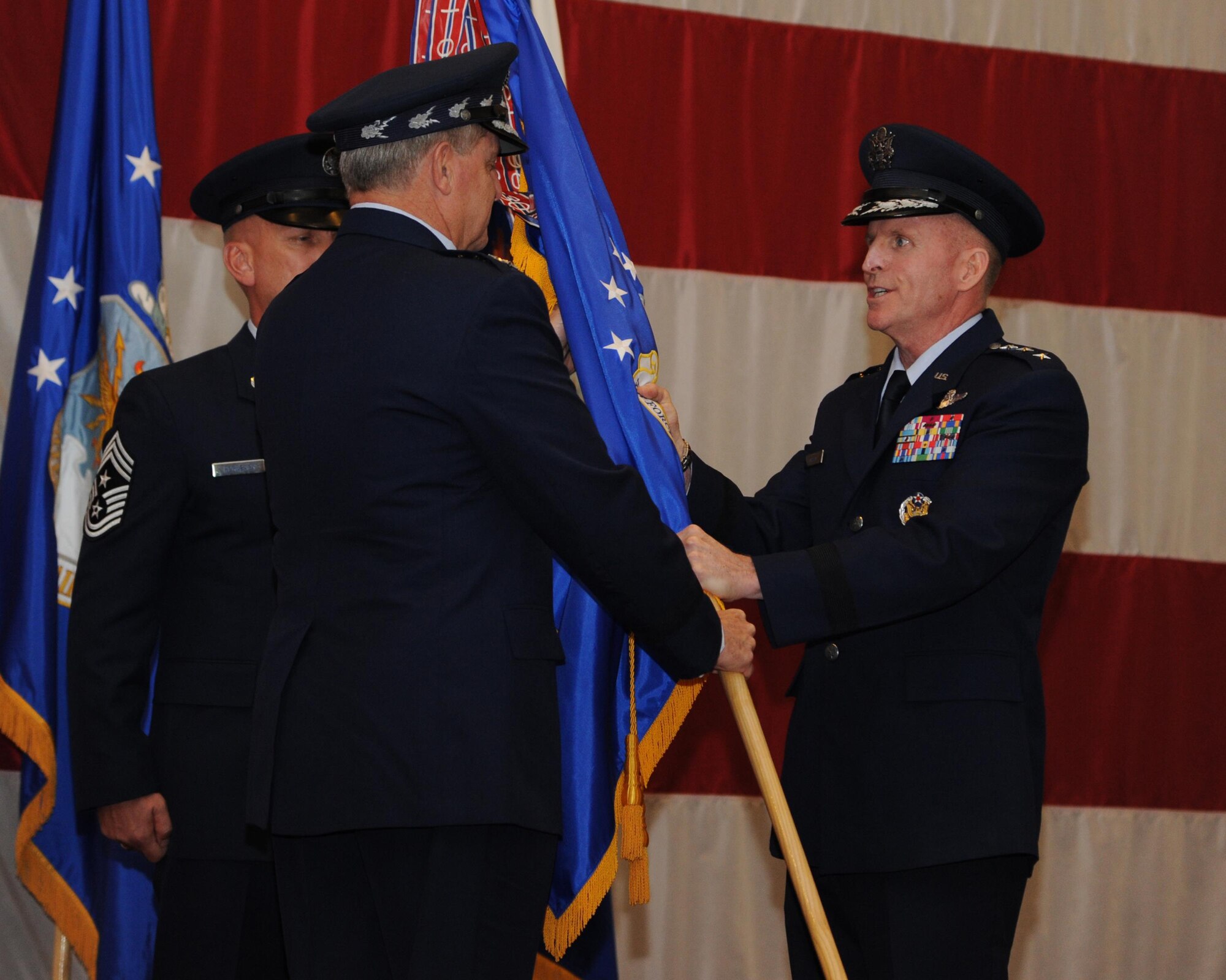Lt. Gen. Stephen Wilson accepts the Air Force Global Strike Command flag from Air Force Chief of Staff Gen. Mark A. Welsh III during a change of command ceremony at Barksdale Air Force Base, La., Oct. 23, 2013. Global Strike’s mission is to develop and provide combat ready forces for safe, secure, and effective nuclear deterrence and global strike operations to support the President of the United States and combatant commanders. 