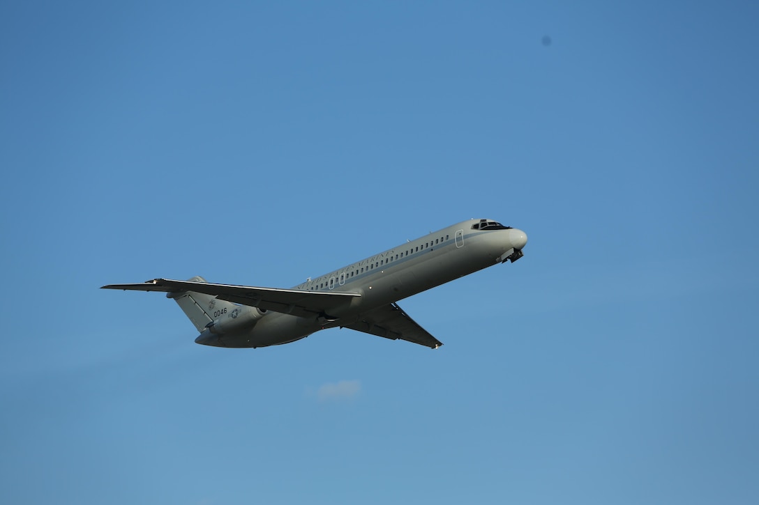 A C-9B Skytrain belonging to Marine Transport Squadron 1 soars over Marine Corps Air Station Cherry Point, N.C., after its return from a routine mission. VMR-1 is the only squadron in the Marine Corps to maintain and fly the aircraft. Following 51 years of safety initiatives, high quality maintenance and consistent focus on the basics, VMR-1 was recognized for surpassing 250,000 Class A mishap-free flight hours.  (U.S. Marine Corps Photo By Lance Cpl. J.R. Heins/Released)