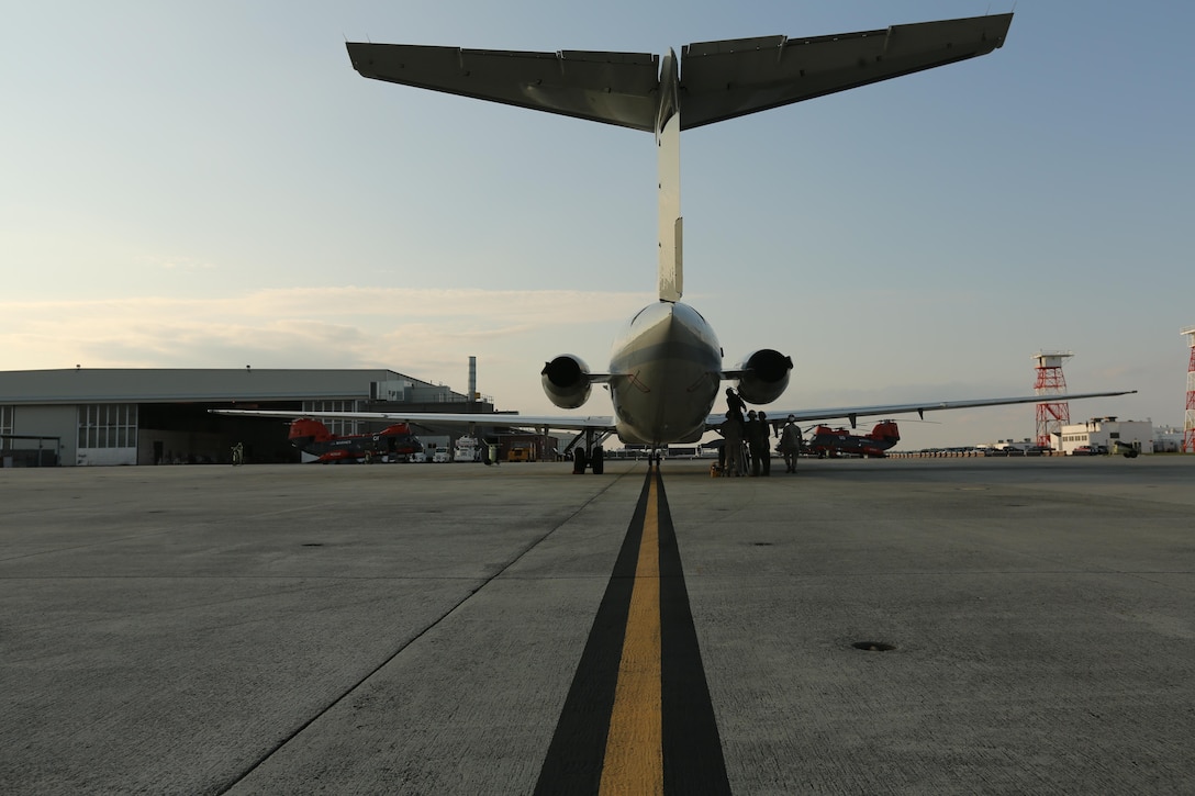 Members of Marine Transport Squadron 1 conduct engine maintenance on a C-9B Marine Corps Air Station Cherry Point, N.C. after its return from a routine mission. VMR-1 is the only squadron in the Marine Corps to maintain and fly the aircraft. Following 51 years of safety initiatives, high quality maintenance and consistent focus on the basics, VMR-1 was recognized for surpassing 250,000 Class A mishap-free flight hours.  (U.S. Marine Corps Photo By Lance Cpl. J.R. Heins/Released)       