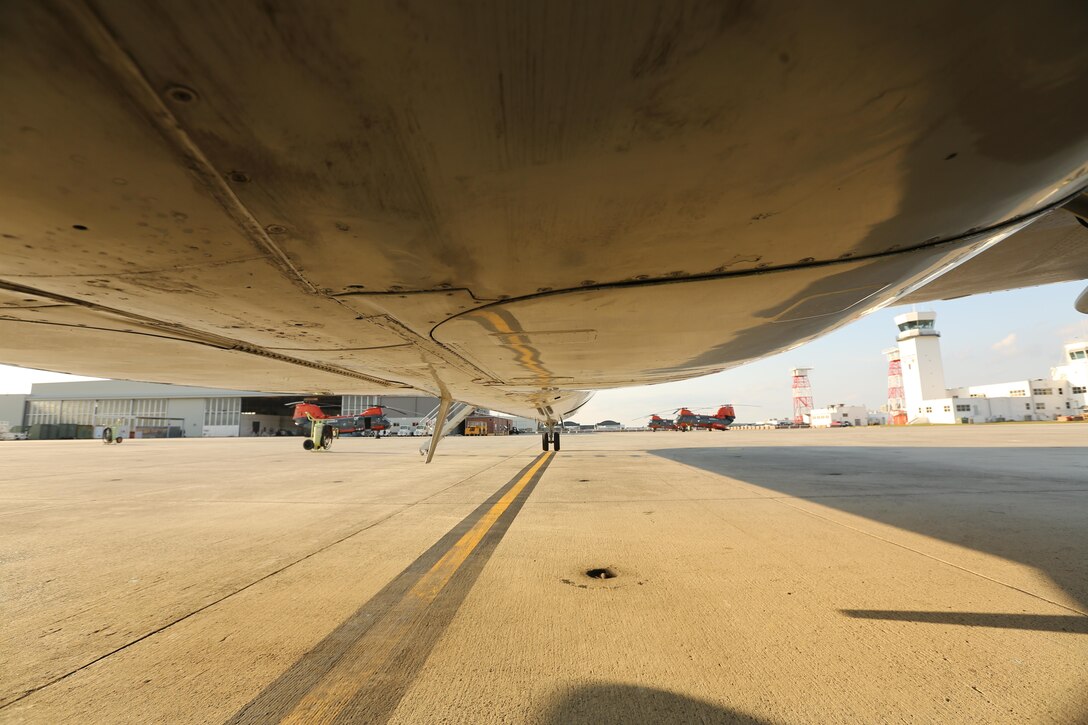 The underbelly of a C-9B Skytrain after a return to Marine Corps Air Station Cherry Point, N.C. after its return from a routine mission. VMR-1 is the only squadron in the Marine Corps to maintain and fly the aircraft. The C-9 is a Marine Transport Squadron 1 asset and is used for the transportation of essential personnel. Following 51 years of safety initiatives, high quality maintenance and consistent focus on the basics, VMR-1 was recognized for surpassing 250,000 Class A mishap-free flight hours. (U.S. Marine Corps Photo By Lance Cpl. J.R. Heins/Released)