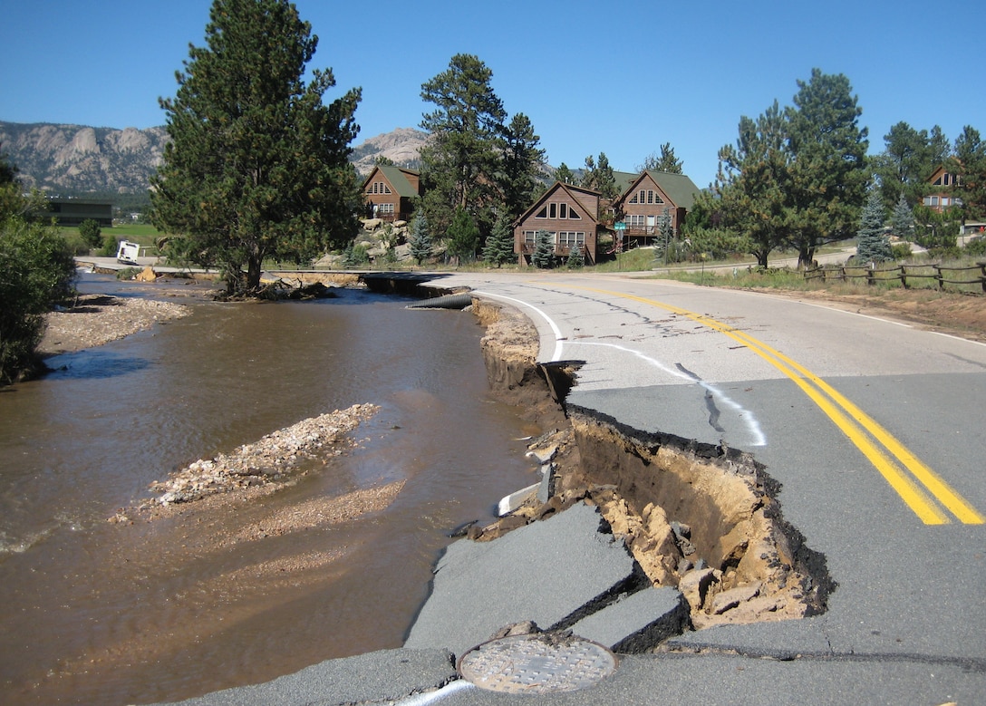 Flood damage around the town of Estes Park, Colo., Sept. 20, 2013. The U.S. Army Corps of Engineers deployed personnel to Colorado under the direction of the Federal Emergency Management Agency, for assessing and evaluating the safety of drinking water and wastewater systems in the affected areas. If a system proves semi-operational or nonoperational, team members include recommendations on ways to bring the system back up to operational status.