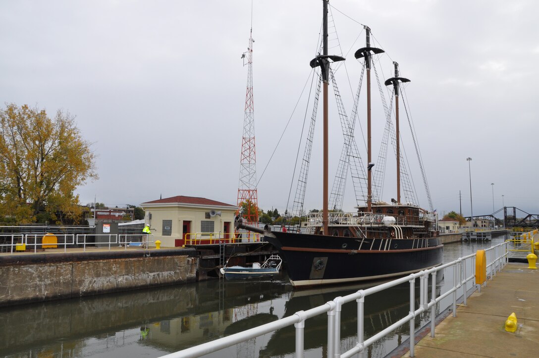 The Peacemaker, a 140 foot long and 123 foot tall ship, transited the Black Rock Lock today.  The ship was on its way to Smith Boys Marina to make its home for the winter.  Away from its home port in Brunswick, GA, it is taking part in a Great Lakes tour.  