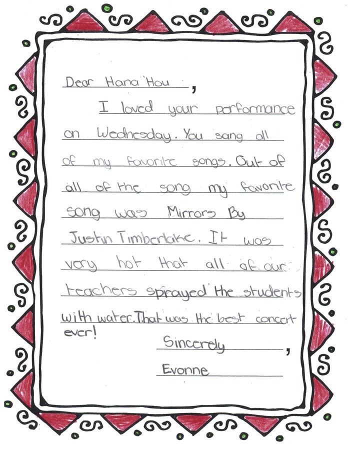 Joint Base Pearl Harbor-Hickam, Hawaii – Students from Kaleiopuu Elementary sent letters to USAF Band of the Pacific-Hawaii in appreciation for playing a concert at their school. The Band of the Pacific-Hawaii’s rock band, Hana Hou, performed for over 2,000 students at Kaleiopuu and Wailua Elementary on September 25, 2013 and October 22, 2013. 