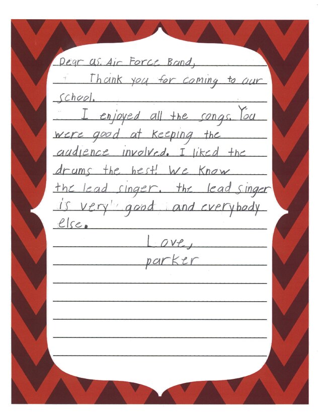 Joint Base Pearl Harbor-Hickam, Hawaii – Students from Kaleiopuu Elementary sent letters to USAF Band of the Pacific-Hawaii in appreciation for playing a concert at their school. The Band of the Pacific-Hawaii’s rock band, Hana Hou, performed for over 2,000 students at Kaleiopuu and Wailua Elementary on September 25, 2013 and October 22, 2013. 