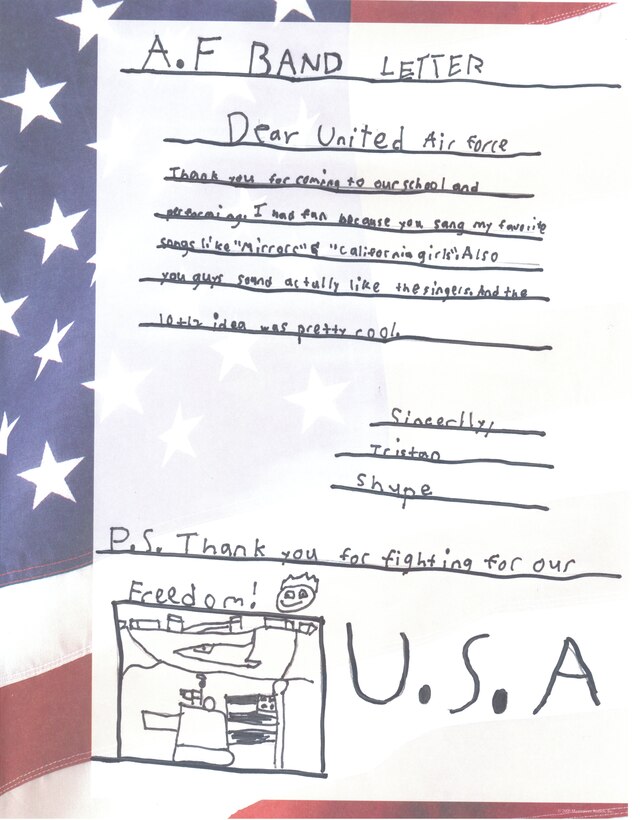 Joint Base Pearl Harbor-Hickam, Hawaii – Students from Kaleiopuu Elementary sent letters to USAF Band of the Pacific-Hawaii in appreciation for playing a concert at their school. The Band of the Pacific-Hawaii’s rock band, Hana Hou, performed for over 2,000 students at Kaleiopuu and Wailua Elementary on September 25, 2013 and October 22, 2013. 