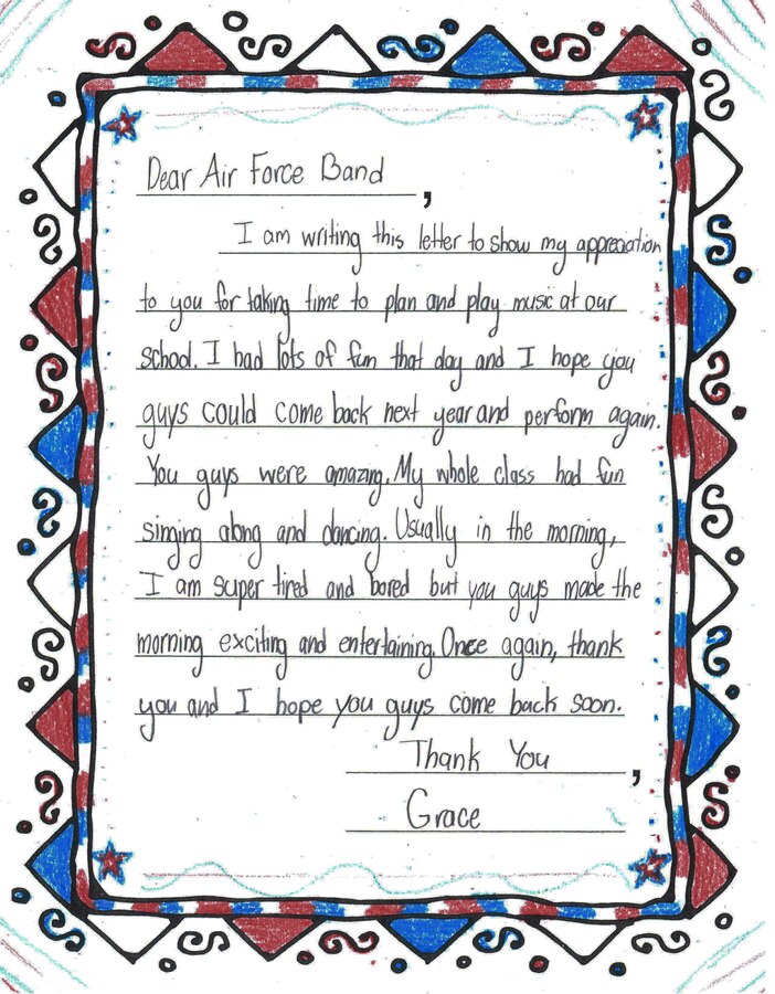 Joint Base Pearl Harbor-Hickam, Hawaii – Students from Kaleiopuu Elementary sent letters to USAF Band of the Pacific-Hawaii in appreciation for playing a concert at their school. The Band of the Pacific-Hawaii’s rock band, Hana Hou, performed for over 2,000 students at Kaleiopuu and Wailua Elementary on September 25, 2013 and October 22, 2013. 