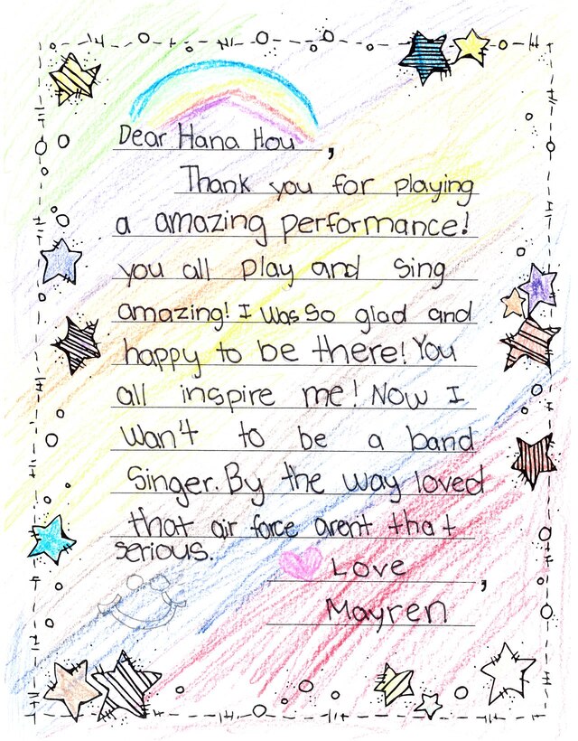 Joint Base Pearl Harbor-Hickam, Hawaii – Students from Kaleiopuu Elementary sent letters to USAF Band of the Pacific-Hawaii in appreciation for playing a concert at their school. The Band of the Pacific-Hawaii’s rock band, Hana Hou, performed for over 2,000 students at Kaleiopuu and Wailua Elementary on September 25, 2013 and October 22, 2013. 