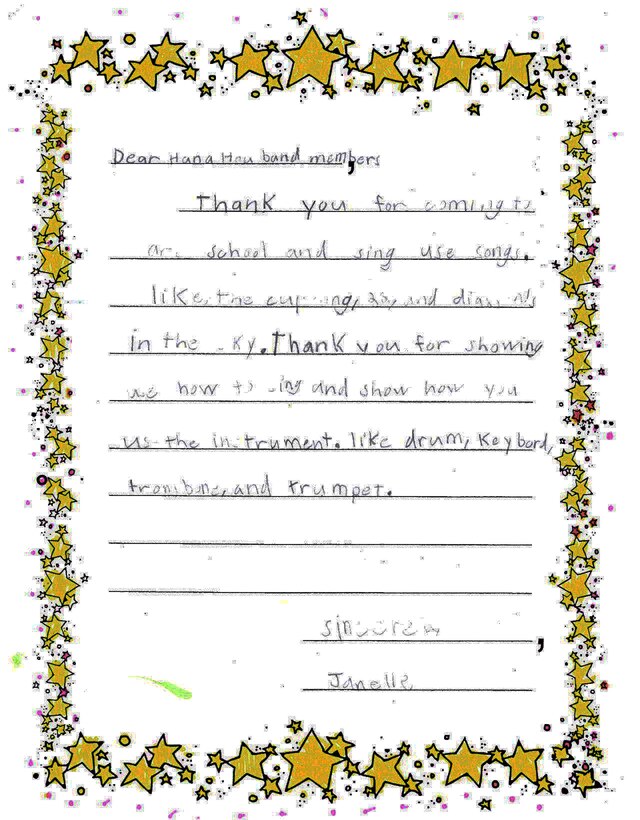 Joint Base Pearl Harbor-Hickam, Hawaii – Students from Kaleiopuu Elementary sent letters to USAF Band of the Pacific-Hawaii in appreciation for playing a concert at their school. The Band of the Pacific-Hawaii’s rock band, Hana Hou, performed for over 2,000 students at Kaleiopuu and Wailua Elementary on September 25, 2013 and October 22, 2013. 