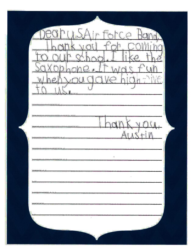 Joint Base Pearl Harbor-Hickam, Hawaii – Students from Kaleiopuu Elementary sent letters to USAF Band of the Pacific-Hawaii in appreciation for playing a concert at their school. The Band of the Pacific-Hawaii’s rock band, Hana Hou, performed for over 2,000 students at Kaleiopuu and Wailua Elementary on September 25, 2013 and October 22, 2013. 