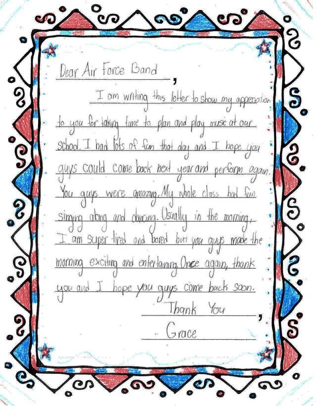 Joint Base Pearl Harbor-Hickam, Hawaii – Students from Kaleiopuu Elementary sent letters to USAF Band of the Pacific-Hawaii in appreciation for playing a concert at their school. The Band of the Pacific-Hawaii’s rock band, Hana Hou, performed for over 2,000 students at Kaleiopuu and Wailua Elementary on September 25, 2013 and October 22, 2013. 