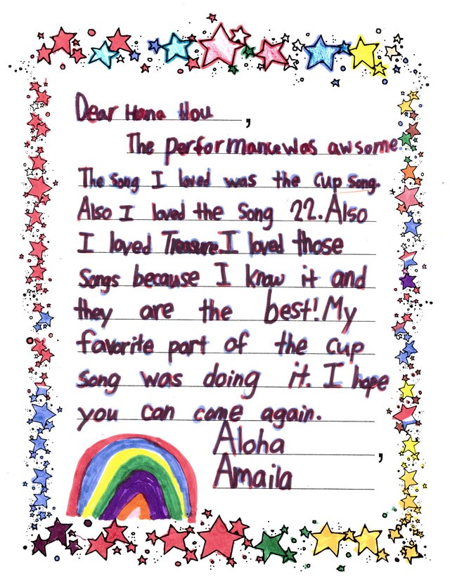 Joint Base Pearl Harbor-Hickam, Hawaii – Students from Kaleiopuu Elementary sent letters to USAF Band of the Pacific-Hawaii in appreciation for playing a concert at their school. The Band of the Pacific-Hawaii’s rock band, Hana Hou, performed for over 2,000 students at Kaleiopuu and Wailua Elementary on September 25, 2013 and October 22, 2013. 