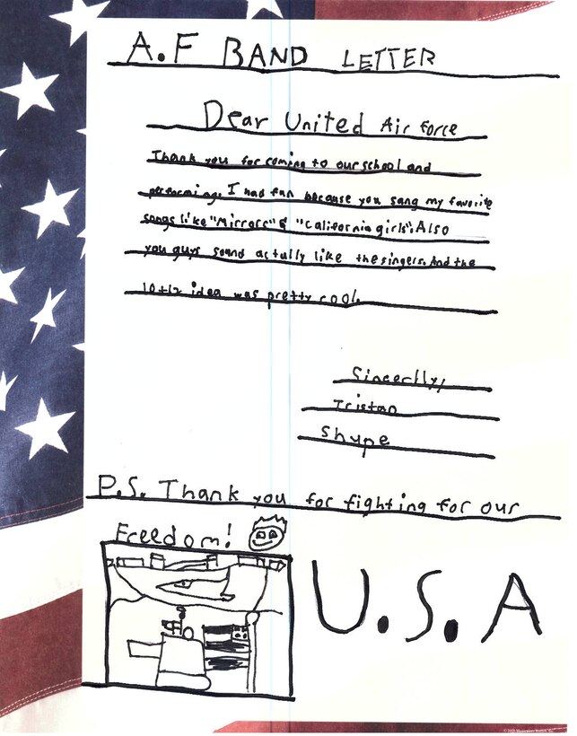 Joint Base Pearl Harbor-Hickam, Hawaii – Students from Kaleiopuu Elementary sent letters to USAF Band of the Pacific-Hawaii in appreciation for playing a concert at their school. The Band of the Pacific-Hawaii’s rock band, Hana Hou, performed for over 2,000 students at Kaleiopuu and Wailua Elementary on September 25, 2013 and October 22, 2013. 