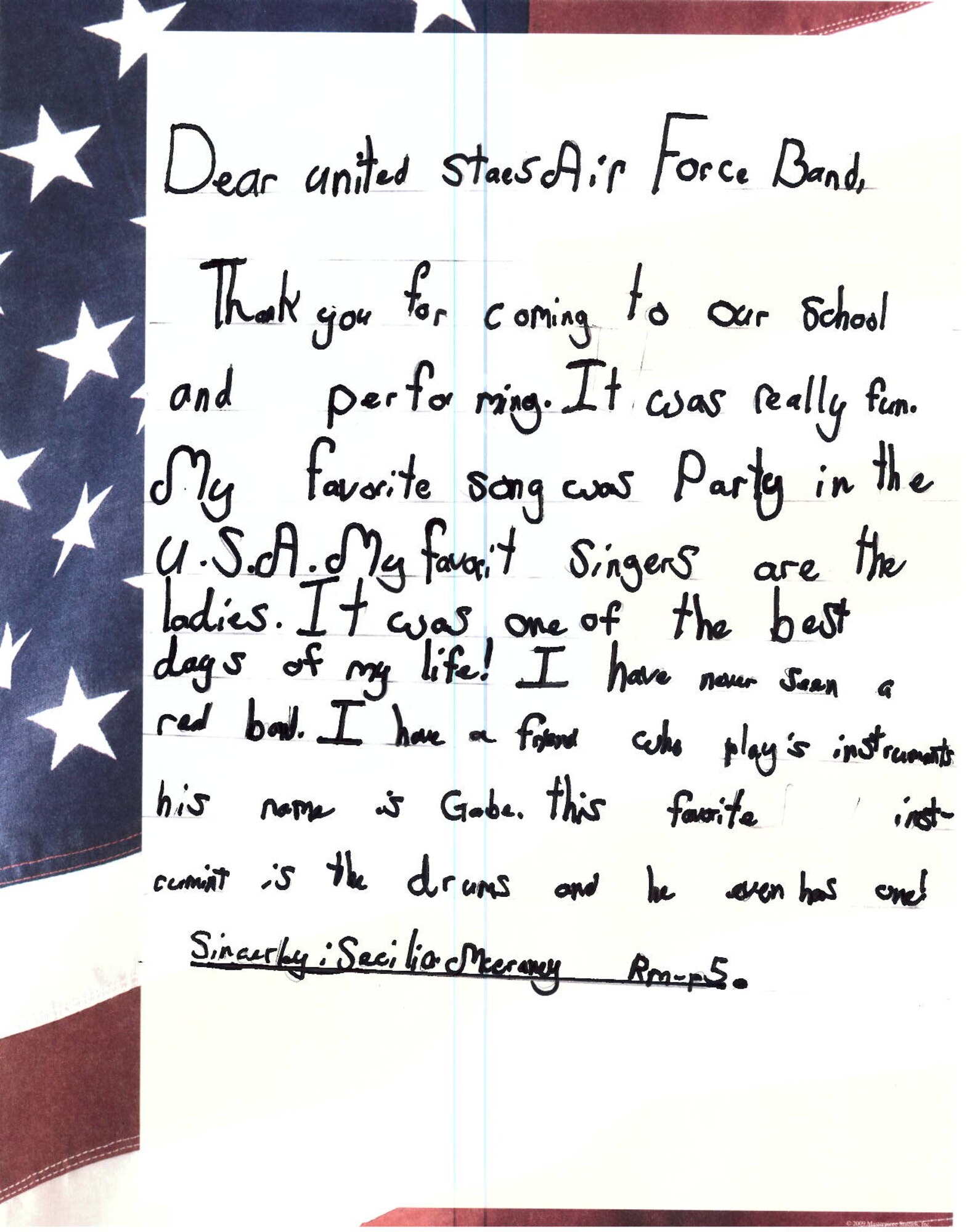 Joint Base Pearl Harbor-Hickam, Hawaii – Students from Kaleiopuu Elementary sent letters to USAF Band of the Pacific-Hawaii in appreciation for playing a concert at their school. The Band of the Pacific-Hawaii’s rock band, Hana Hou, performed for over 2,000 students at Kaleiopuu and Wailua Elementary on September 25, 2013 and October 22, 2013. 