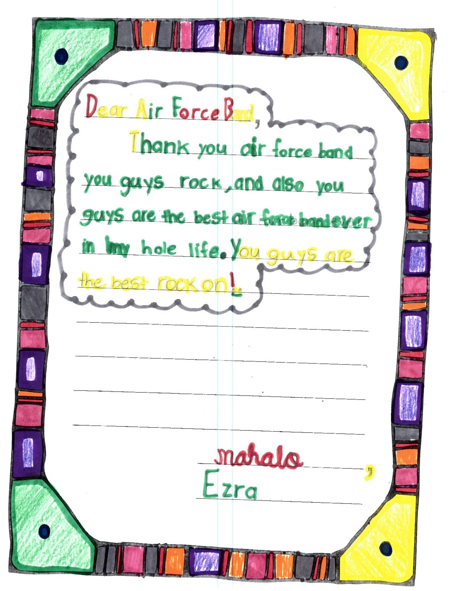 Joint Base Pearl Harbor-Hickam, Hawaii – Students from Kaleiopuu Elementary sent letters to USAF Band of the Pacific-Hawaii in appreciation for playing a concert at their school. The Band of the Pacific-Hawaii’s rock band, Hana Hou, performed for over 2,000 students at Kaleiopuu and Wailua Elementary on September 25, 2013 and October 22, 2013. 