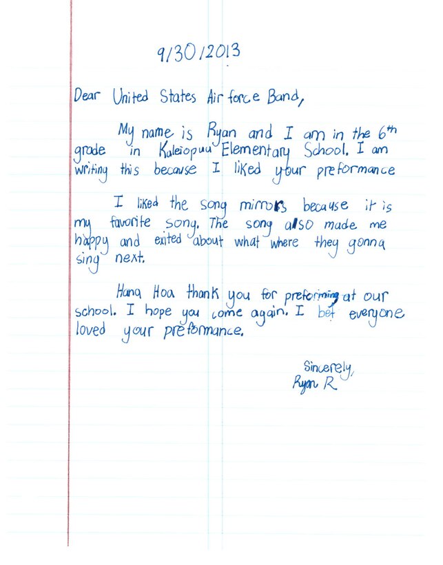 Joint Base Pearl Harbor-Hickam, Hawaii – Students from Kaleiopuu Elementary sent letters to USAF Band of the Pacific-Hawaii in appreciation for playing a concert at their school. The Band of the Pacific-Hawaii’s rock band, Hana Hou, performed for over 2,000 students at Kaleiopuu and Wailua Elementary on September 25, 2013 and October 22, 2013. 