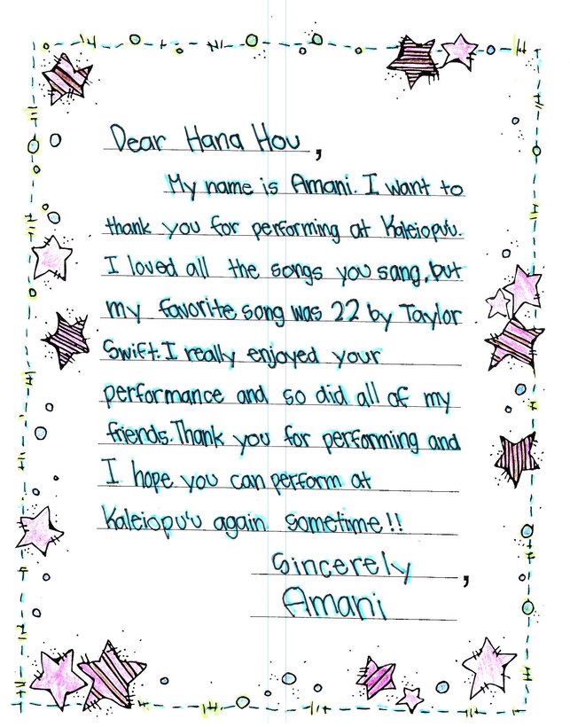 Joint Base Pearl Harbor-Hickam, Hawaii – Students from Kaleiopuu Elementary sent letters to USAF Band of the Pacific-Hawaii in appreciation for playing a concert at their school. The Band of the Pacific-Hawaii’s rock band, Hana Hou, performed for over 2,000 students at Kaleiopuu and Wailua Elementary on September 25, 2013 and October 22, 2013. 