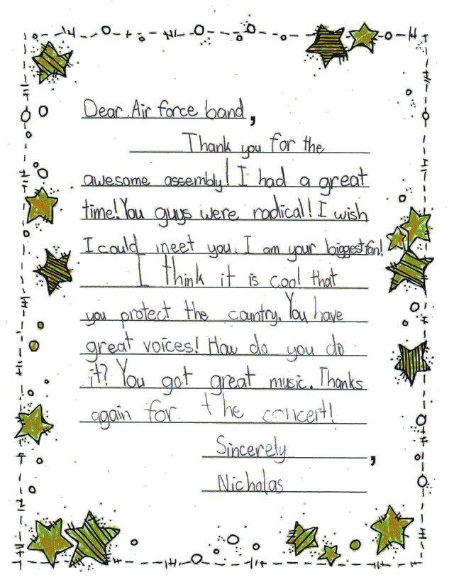 Joint Base Pearl Harbor-Hickam, Hawaii – Students from Kaleiopuu Elementary sent letters to USAF Band of the Pacific-Hawaii in appreciation for playing a concert at their school. The Band of the Pacific-Hawaii’s rock band, Hana Hou, performed for over 2,000 students at Kaleiopuu and Wailua Elementary on September 25, 2013 and October 22, 2013. 