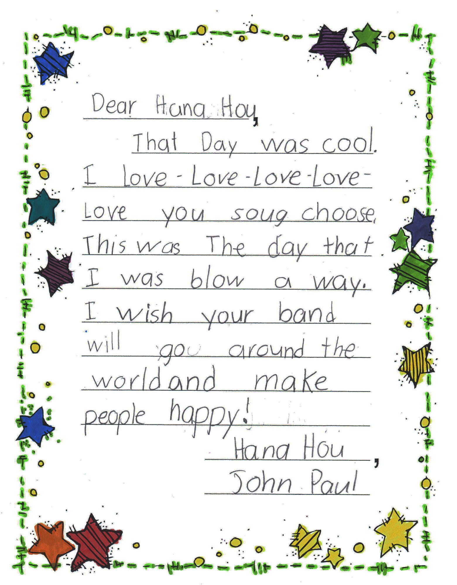 Joint Base Pearl Harbor-Hickam, Hawaii – Students from Kaleiopuu Elementary sent letters to USAF Band of the Pacific-Hawaii in appreciation for playing a concert at their school. The Band of the Pacific-Hawaii’s rock band, Hana Hou, performed for over 2,000 students at Kaleiopuu and Wailua Elementary on September 25, 2013 and October 22, 2013. 