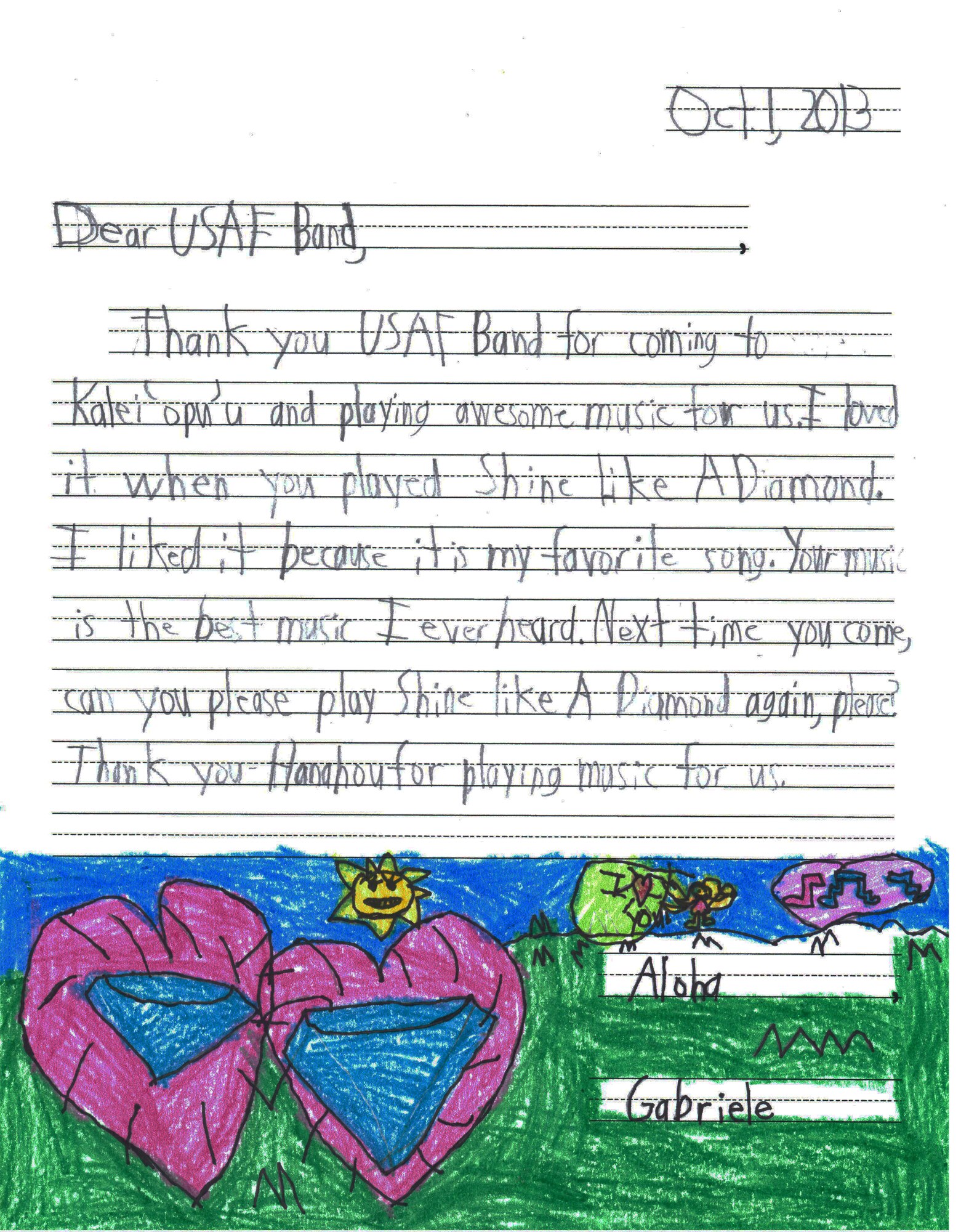 Joint Base Pearl Harbor-Hickam, Hawaii – Students from Kaleiopuu Elementary sent letters to USAF Band of the Pacific-Hawaii in appreciation for playing a concert at their school. The Band of the Pacific-Hawaii’s rock band, Hana Hou, performed for over 2,000 students at Kaleiopuu and Wailua Elementary on September 25, 2013 and October 22, 2013. 
