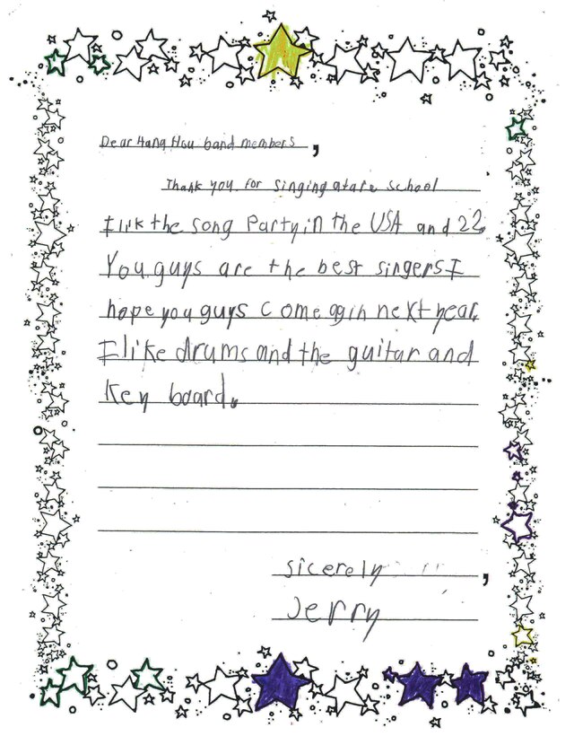 Joint Base Pearl Harbor-Hickam, Hawaii – Students from Kaleiopuu Elementary sent letters to USAF Band of the Pacific-Hawaii in appreciation for playing a concert at their school. The Band of the Pacific-Hawaii’s rock band, Hana Hou, performed for over 2,000 students at Kaleiopuu and Wailua Elementary on September 25, 2013 and October 22, 2013. 