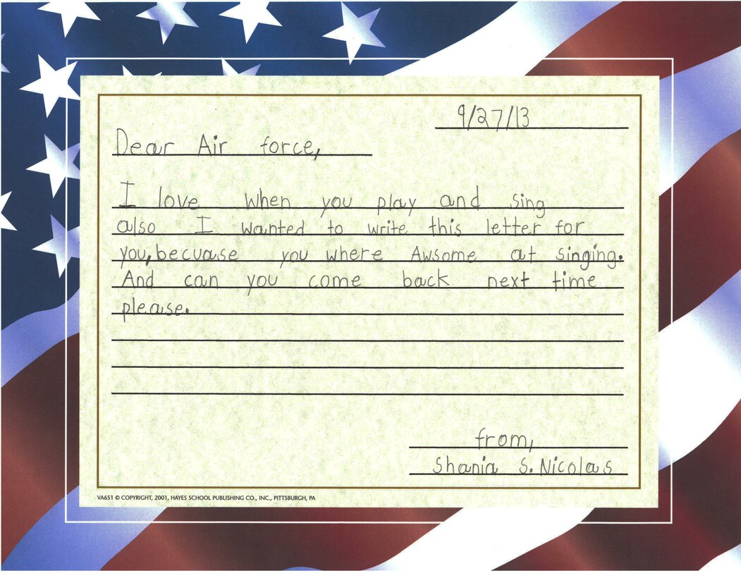 Joint Base Pearl Harbor-Hickam, Hawaii – Students from Kaleiopuu Elementary sent letters to USAF Band of the Pacific-Hawaii in appreciation for playing a concert at their school. The Band of the Pacific-Hawaii’s rock band, Hana Hou, performed for over 2,000 students at Kaleiopuu and Wailua Elementary on September 25, 2013 and October 22, 2013. 